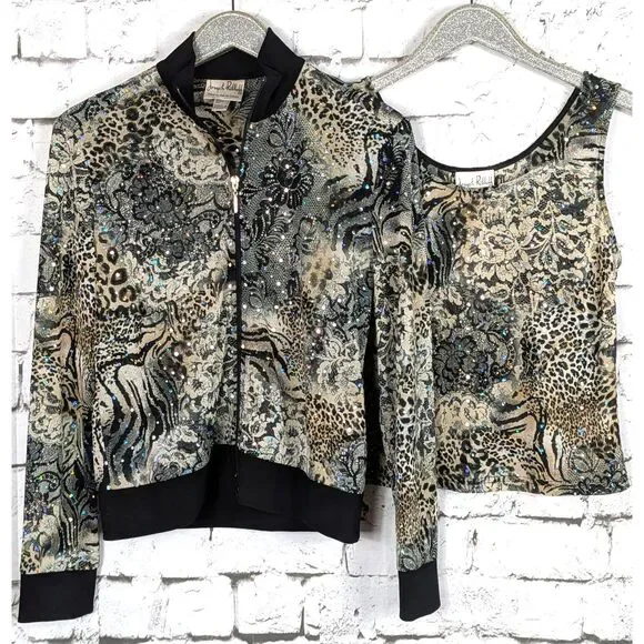 VINTAGE JOSEPH RIBKOFF Sequined Sheer Mesh Jacket & Tank Animal Floral US 10 - Picture 6 of 9